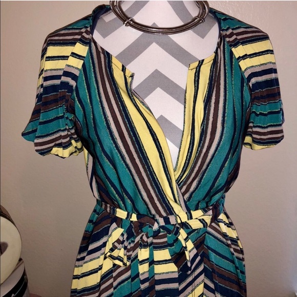 Green and Yellow Striped Wrap Dress - Picture 3 of 4